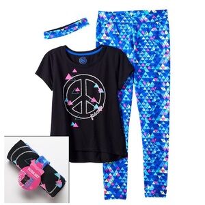 Girls SO Black Glittery Peace Tee Geometric Yoga Leggings & Headband Set - 12